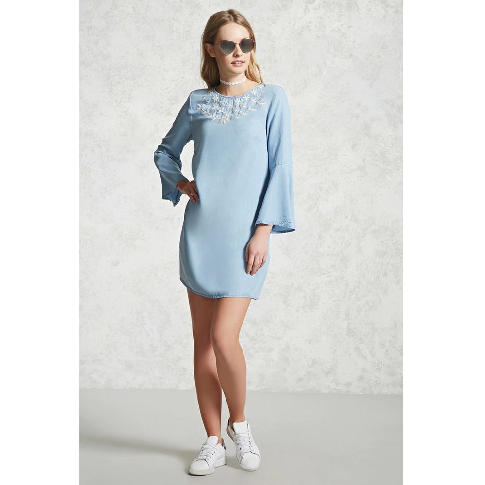 Contemporary Chambray Floral Embroidery Yoke Dress | Size S